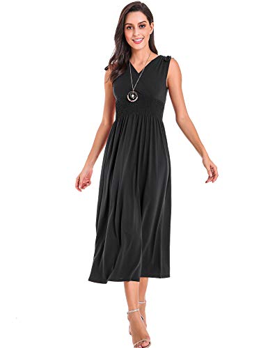 Le Vonfort Women\'s Shoulder Tie Knotted Empire Waist Pure Color Maxi Beach Dress Black Medium
