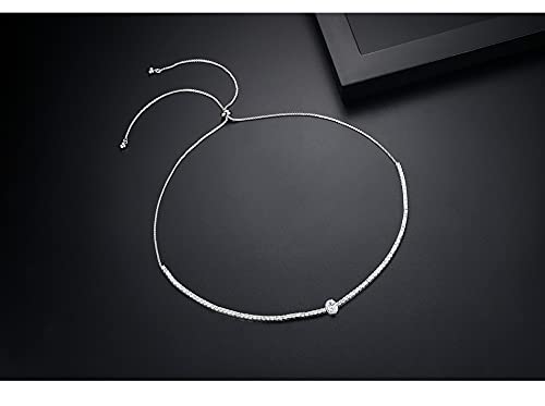 MissDaisy- 2.82mm Round CZ Diamond Round Cut Tennis White Gold Halo Adjustable Necklace for Women Girls Gift