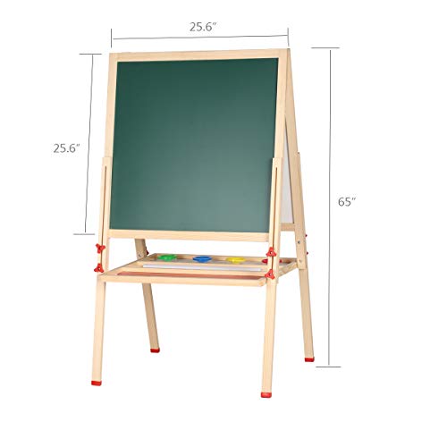 GEMEM Adjustable Wooden Easel Board Double Sided Children Art Easels Chalkboard Magnetic Dry Erase Board with Paper Roll and Accessories for Kids Toddlers Painting and Drawing