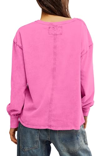 ALLIMY WOMENS CASUAL SPRING FASHION 2025 LONG SLEEVE TOPS TUNIC TOPS PULLOVER CREWNECK SWEATSHIRTS ACTIVE POCKET TEE SHIRT CLOTHES FOR WOMEN TEEN GIRLS TRENDY DISTRESSED TSHIRTS HOT PINK US 20 22