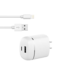 TalkWorks   Cargador de pared para iPhone de 27 W 5,4 A, puerto USB A y USB C, incluye cable Lightning de 5.9 ft certificado para iPhone XS, XS, Max XR X, 8 7, 6, SE, 5, iPad, iPod, color blanco