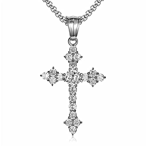Ropartman Silver Cross Necklace for Women, [ 5A Cubic Zirconia ] 14K Gold Plated Stainless Steel Cross Pendant for Women, 19