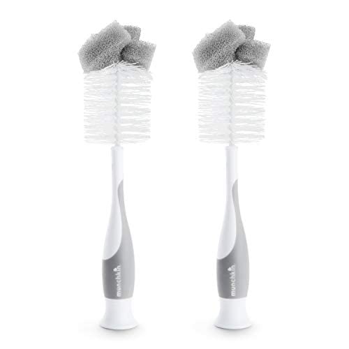 Munchkin 2-In-1 Sponge & Baby Bottle Brushes for Cleaning | Bottle Cleaner Brush & Water Bottle Brush Set | Soft & Reusable with Built In Teat Brush | Dishwasher Safe | 2 Pack | Grey