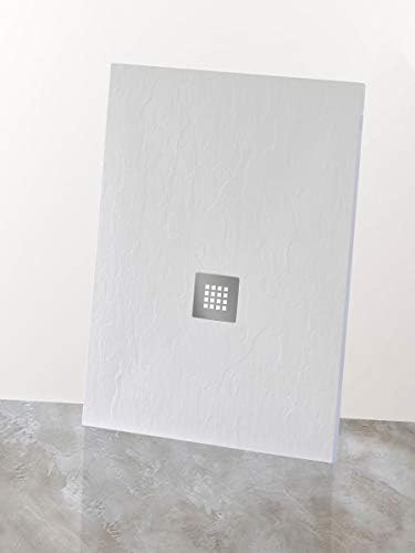 Yellowshop – Rectangular Bath Shower Tray Made of Resin Marble Slate White, Complete with Stainless Steel Grill, white