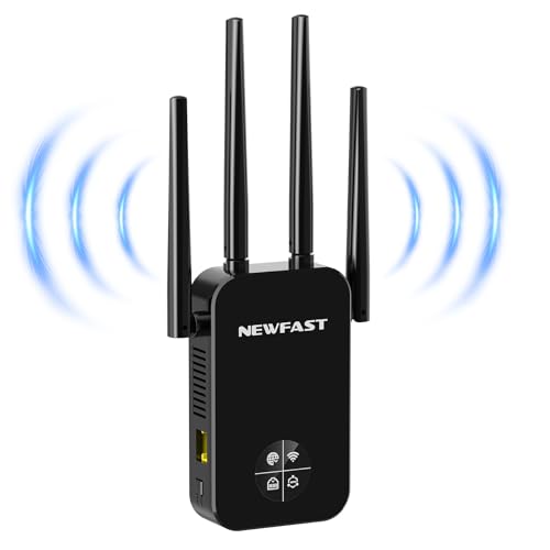 NEWFAST Powerful WiFi Repeater for Home, 1200Mbps WiFi Extender Dual Band 2.4GHz/5GHz with 4 High Gain Antennas, Ethernet Port, WPS, Smart Display, WiFi Amplifier Supports 3 Modes