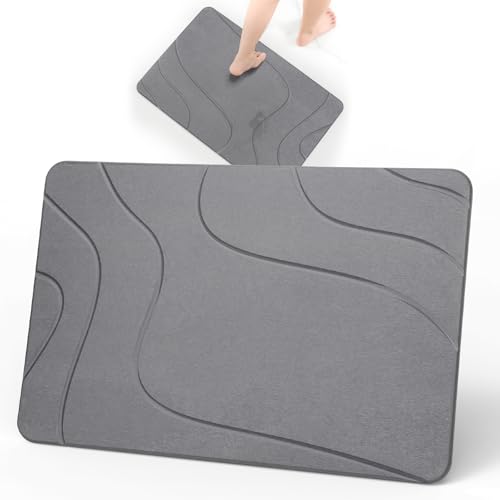 Euqvunn Non Slip Diatomite Bath Mat 60 x 39 cm - Absorbent Stone Anti-Mildew Quick Drying Bath Mat for Bathroom, Kitchen and Bathtub - Grey