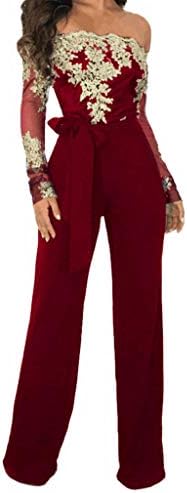 Corriee Jumpsuit for Women Elegant Long Sleeve Off The Shoulder High Waisted Wide Leg Romper with Belt