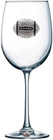 Football (Diamond and Black) Jeweled Stemmed Wine Glass, 21 oz. - Unique Gift for Women, Birthday, Cute, Fun, Not Painted, Decorated, Bling, Bedazzled, Rhinestone