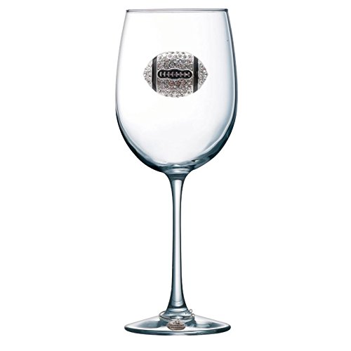Football (Diamond and Black) Jeweled Stemmed Wine Glass, 21 oz. - Unique Gift for Women, Birthday, Cute, Fun, Not Painted, Decorated, Bling, Bedazzled, Rhinestone