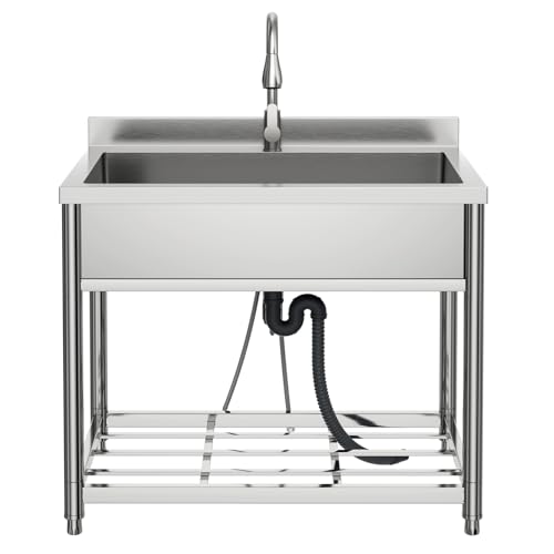 Vockol Large Stainless Steel Freestanding Sink, 90 cm Kitchen Sink with Pull Out Faucet, Freestanding Sink for Outdoor, Kitchen, Restaurant, Garage, Laundry Room, Jardi