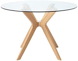 Portimao 120 cm Long Round Clear Tempered Glass Top Dining Table Oak Ash Veneer Finish Wooden Legs Seats Up To 4 Person Modern Kitchen Dining Room Furniture.