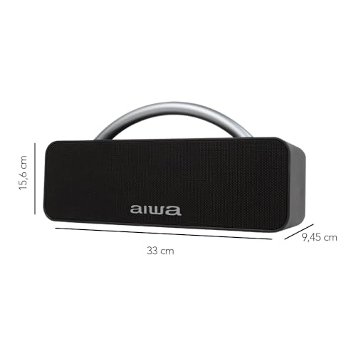 Aiwa Bocina Portátil Bluetooth 5.1 Tipo Boombox 20W RMS, Sonido Estéreo TWS, Resistente al Agua IPX5, Radio FM, USB, AUX, Batería hasta 11H, Compatible con Asistentes de Voz, Modelo AWS80BTB Negro