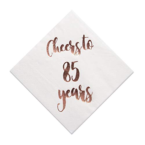 Cheers to 85 Years Cocktail Napkins, 50-Pack 3ply White Rose Gold 85th Birthday Dinner Celebration Party Decoration Napkin