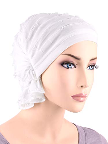 Abbey Cap Womens Chemo Hat Beanie Scarf Turban Headwear for Cancer Ruffle White