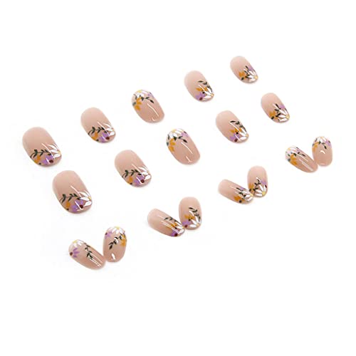 RikView French Tip Press on Nails Medium Acrylic Nails with Flowers Design Almond Fake Nails Nude Nails for Women - Image 4