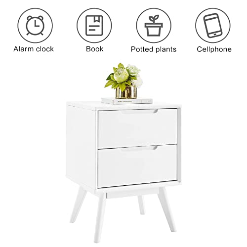 MUSEHOMEINC Mid Century Solid Wood White Nightstands with Two Drawers