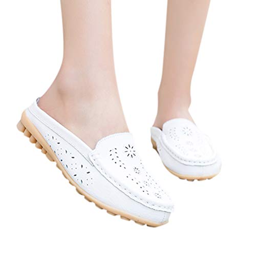 Leather Leather,ONLY TOP Women Casual Summer Breathable Slip-On Backless Slipper Mule Loafer Flats Shoes Hollow Out White