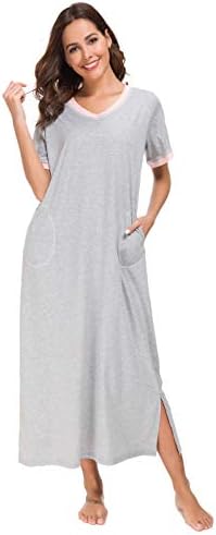 Supermamas Long Nightgown Womens Cotton Knit Short Sleeve Nightshirt with Pockets S-XXL
