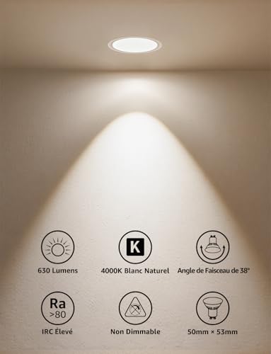 Lepro GU10 LED Bulb, Natural White 4000K, 630lm GU10 Bulb, 6W Equivalent, 80W Equivalent, 38° Beam Practical, GU10 Energy Saving Bulbs, Pack of 8