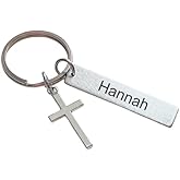 Custom Cross Charm Keychain with Personalized Engraved Steel Tag