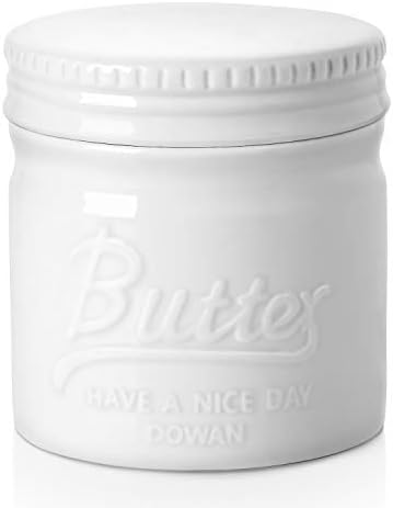 DOWAN Porcelain Butter Keeper Crock, French Butter Dish with Lid, Embossed Butter Container for Gentle Butter, Large Capability & Humanized Water Line, White