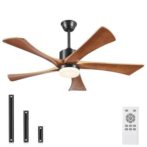 Forrovenco Wooden Ceiling Fan with Light 132 cm / 52 Inches, Ceiling Fan with Lighting and Remote Control, Outdoor Ceiling Fans for Patio, 5 Blades, 6 Levels, Quiet DC Motor, Walnut