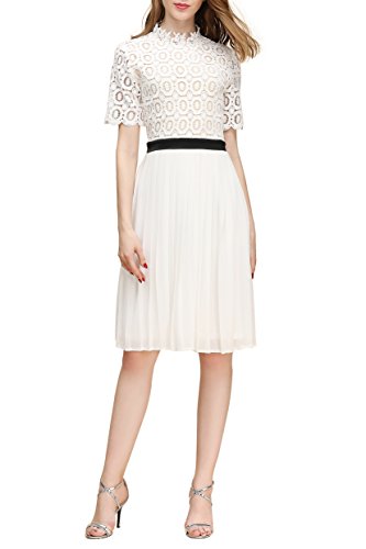 Little Smily Women's Crochet Lace High Neck Fit and Flare Knee Length Cocktail Dress 1/2 Sleeve (Ivory, M)