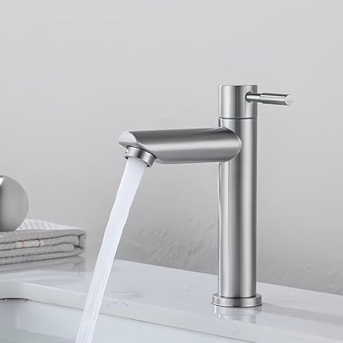 Torneira de Banheiro Luxo, Aço Inox Cromado, Quadrada 1/4 Volta, Bancada Alta, 305mm Altura