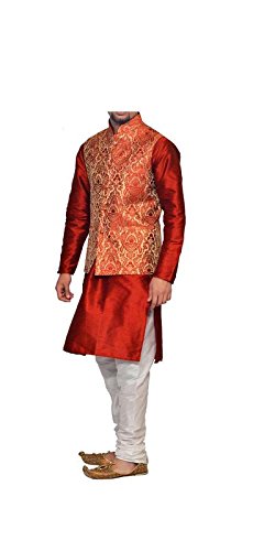 inyour men's silk red gold waiscoat,red kurta,white pajama set_inyour-tr3195wcp