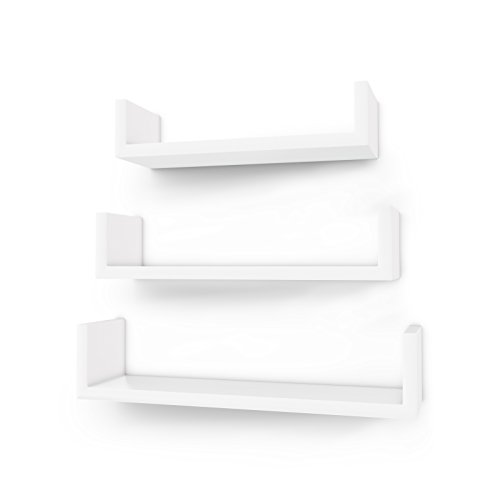 SONGMICS LWS40WT Set of 3 Modern Wall Shelves, MDF Floating Shelves with High Gloss Finish and Invisible Mount, White