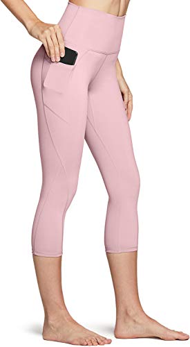 Pantalones de yoga TSLA de cintura alta con bolsillos, mallas de yoga con control de barriga, mallas de entrenamiento elásticas de 4 vías no transparentes para correr
