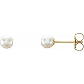 Solid 14k Yellow Gold 4mm White Akoya Cultured Pearl Stud Earrings