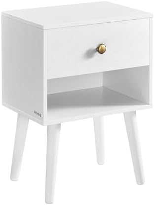 Mesita de Noche, Mesa Auxiliar con Cajón y Compartimento de Almacenamiento Abierto, Patas de Madera, Mesa de Centro para Sala de Estar, Dormitorio, Sofá, Blanco Nieve LET655W01