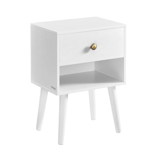 Mesita de Noche, Mesa Auxiliar con Cajón y Compartimento de Almacenamiento Abierto, Patas de Madera, Mesa de Centro para Sala de Estar, Dormitorio, Sofá, Blanco Nieve LET655W01