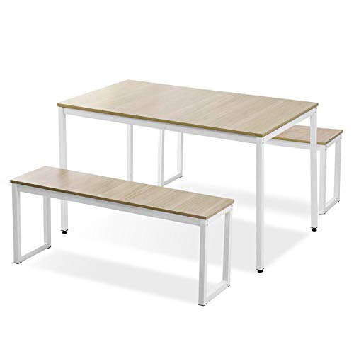 Dining Room Table Set, 3 Pieces Farmhouse Kitchen Table Set with Two Benches, Metal Frame and MDF Board, Modern Furniture for Home, Cafeteria, Apartment and Farm House (Beige)