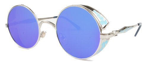 Vivian & Vincent Vintage Hippie Retro Metal Round Circle Frame Sunglasses (Silver Frame Blue Mirrored Lens)