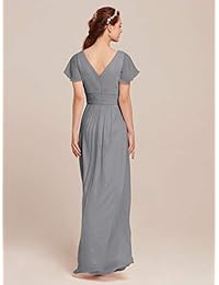 Vestido de dama de honor de gasa de AW con mangas Vestido de fiesta de noche maxi de boda con cuello en V Vestidos de fiesta largos y de talla grande