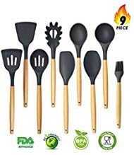 Silicone Kitchen Utensils 9-Piece Cooking Utensils Set with Wood Handles for Nonstick Cookware, Eco-Friendly, BPA Free, Non-Stick Silicone Cooking Utensils Set (Dark Gray Utensil Set)