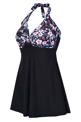 Amaggigo Damen Neckholder Push Up Badekleidfigurformender Bunt Badeanzug Mit Röckchen Bauchweg Einteiliger Badekleid（4Flower，Größe 40 (Xl)）