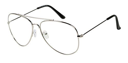 Basik Eyewear - Premium Metal Wire Pilot Teardrop Aviator Clear Lens Eye Glasses (Silver Frame, 135)