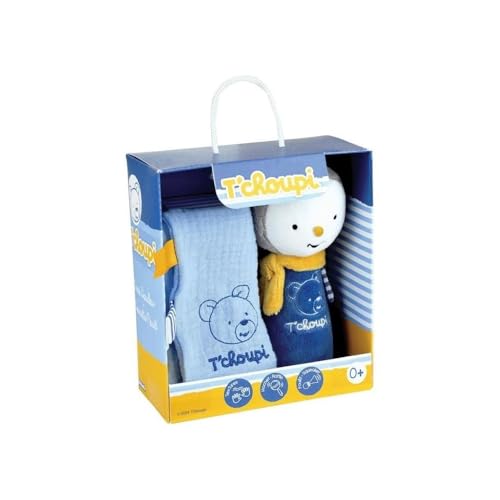 024425 T'Choupi Baby Geschenkset für Neugeborene, mit Kuscheltier, quadratisch, +/- 25 cm und Plüschtier, Handpuppe, +/- 14 cm, Blau