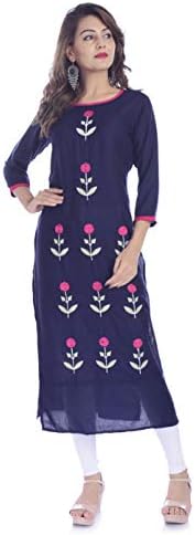 Cottonwalas Women’s Rayon Straight Embroidered Ankle Length Kurti (Blue)