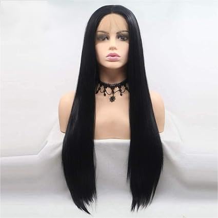 RainaHair Black Long Straight Wig Synthetic Lace Front Wigs Natural Looking Replacement Wig Heat Resistant Fiber Natural Hairline Daily Wear 24 Inch