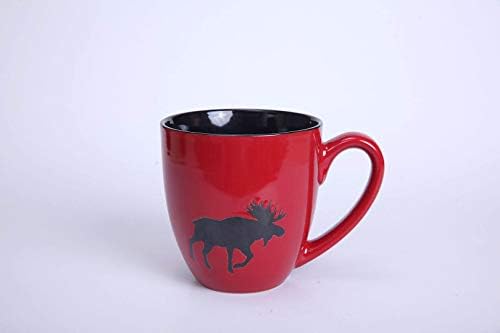 Ceramic Mug, Color Glazed Stoneware Coffee Mug with Reindeer Pattern,Chinese Red Coffee Mug,Ceramic Coffee Cup (21OZ, Inside Black, Outside Chinese Red with Reindeer Pattern)