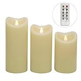GiveU Moving Wick Flameless 10 Key Remote & Timer 3-Inch by 5/6/7-Inch Set of 3 Pillar Led, battery candles flicker, Ivory