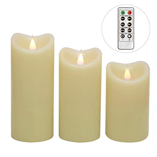 GiveU Moving Wick Flameless 10 Key Remote & Timer 3-Inch by 5/6/7-Inch Set of 3 Pillar Led, Battery Candles Flicker, Ivory, Ivory