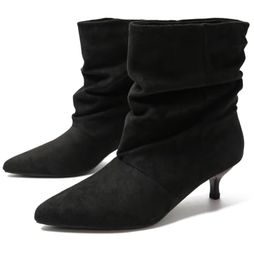 NENGMAON Women's Slouch Ankle Boots Pointed Toe Kitten Heel Pull On Suede Dress Boot (8.5,Black) at Amazon