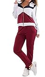 Womens Hit Color Hoodie Zip Loose 2 Piece Set Plus
