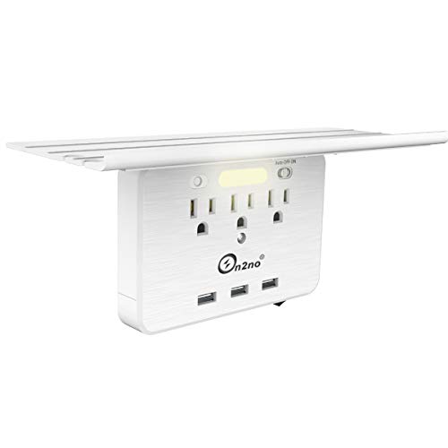 2020 Shelf Socket - ON2NO Wall Outlet Shelf, Extra-Large Shelf with 3 Electrical Outlet, 3 USB Ports and Smart Night Light, Cable Holder and Headphone Hanger