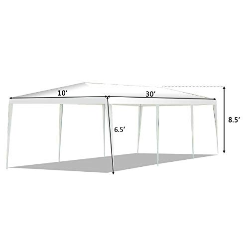 AyaMastro Outdoor 10 Feet x 30 Feet Gazebo Canopy Party Shelter White Tent with 8Pieces Side Wall with Ebook